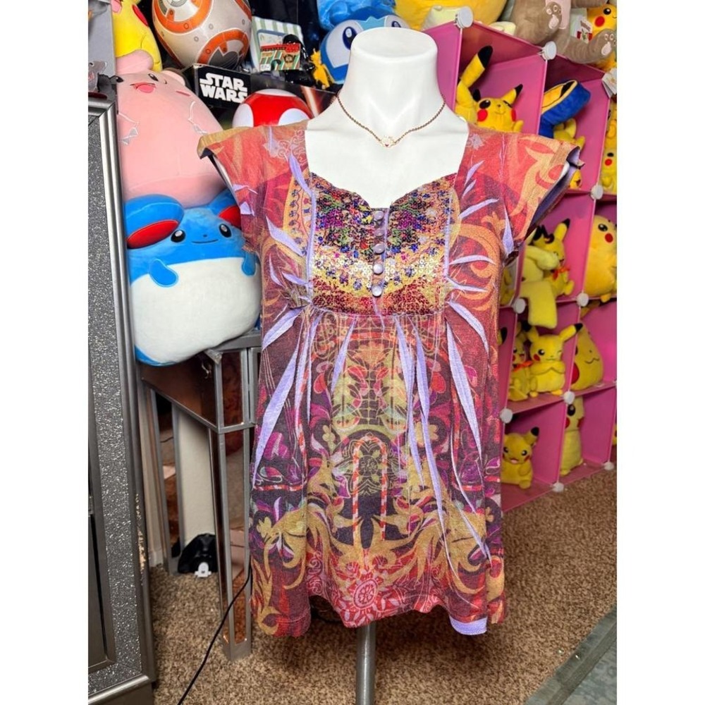 Y2K Apt 9 Womens Boho Sequin Babydoll Top Orange Purple Mandala Print Size M #2